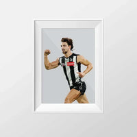 Framed Dom Gauci kids art print of AFL player Josh Daicos in Collingwood FC uniform in sage colors