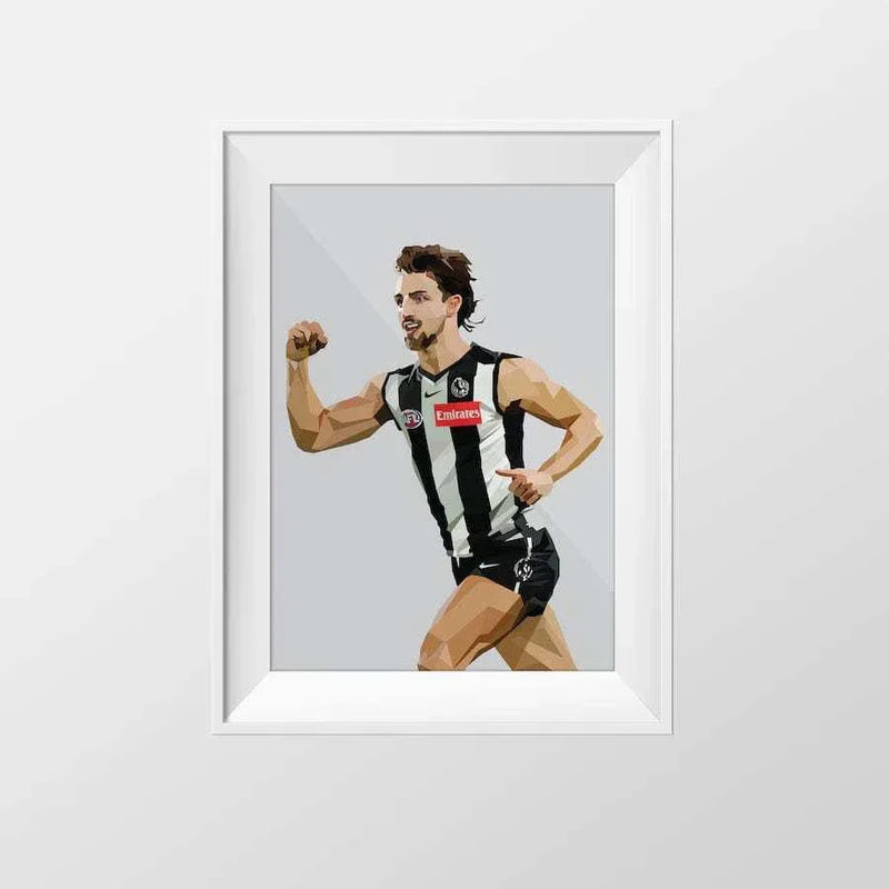 Framed Dom Gauci kids art print of AFL player Josh Daicos in Collingwood FC uniform in sage colors