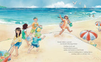 Children playing and building sandcastles on a sunny beach with waves and seagulls in the background Castle Crashing book illustration