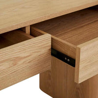 Close-up of GlobeWest Floyd Desk in natural ash showing open timber veneer drawers