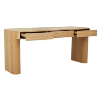 GlobeWest Floyd Desk in natural ash timber veneer with three spacious drawers and simple silhouette.