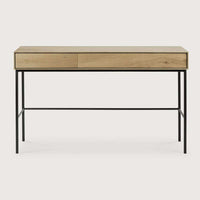 Ethnicraft Whitebird Console in natural oak with black metal legs and two soft-close drawers, designed as a versatile desk or console table.