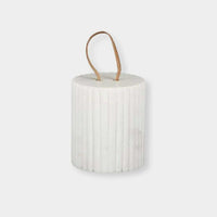 Isla Marble Doorstop with white ribbed marble finish and leather handle for stylish door holding