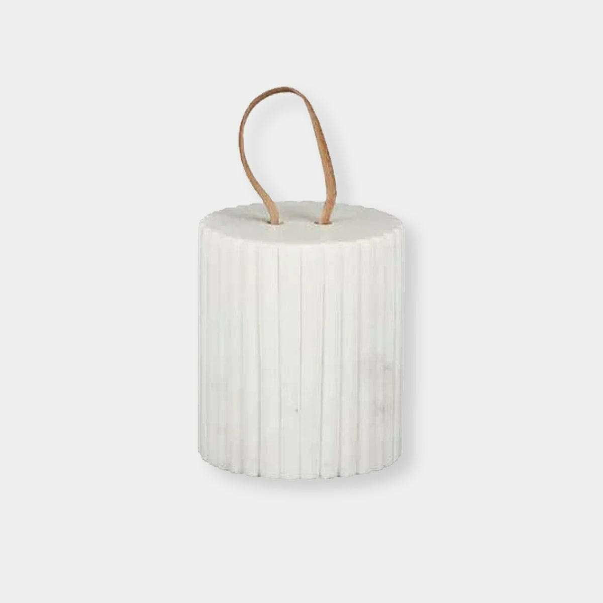 Isla Marble Doorstop with white ribbed marble finish and leather handle for stylish door holding