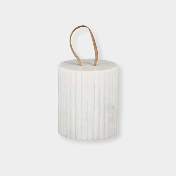Isla Marble Doorstop with white ribbed marble finish and leather handle for stylish door holding