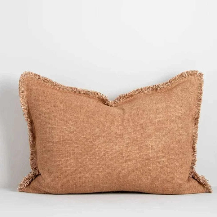 Baya Dover Cushion in nude with soft fringed edges and textured yarn weave, 40x60cm lumbar pillow in rayon and linen blend