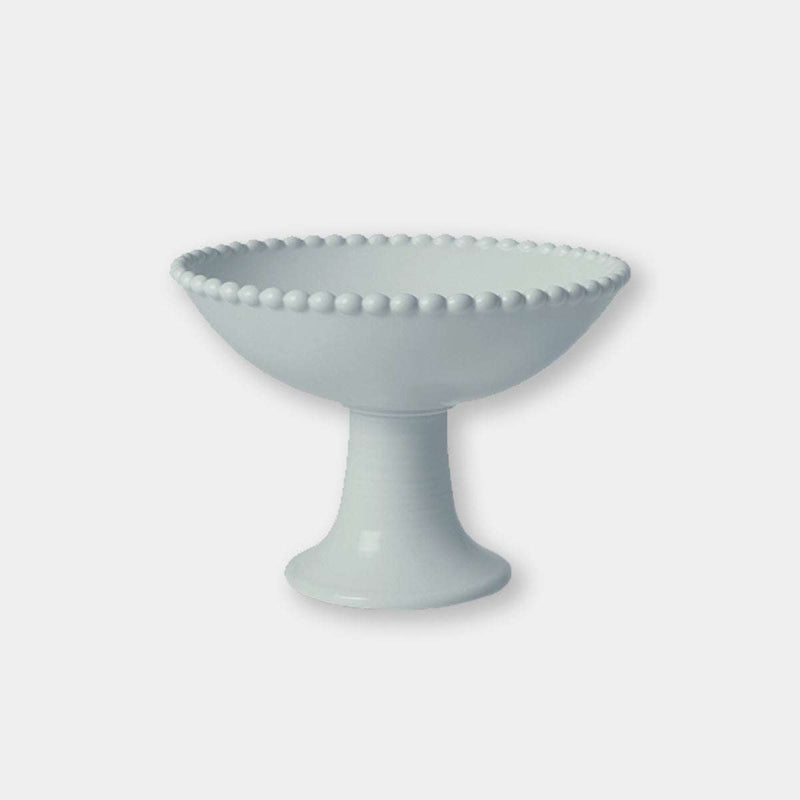 Eden Pedestal Bowl in blue ceramic with beaded rim and pedestal base for elegant fruit display or centerpiece