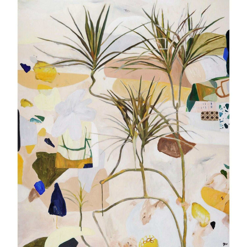 Limited edition fine art canvas print by Georgie Wilson featuring abstract plant forms with soft, layered colors and floating oak frame option