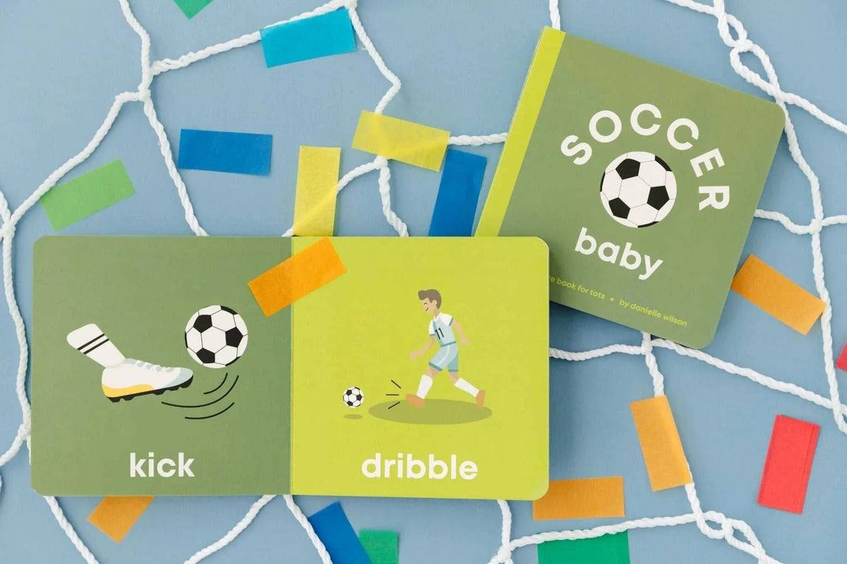 Soccer Baby board book for toddlers with simple soccer-themed illustrations and durable pages