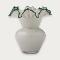 Elodie Glass Vase in grey with myrtle rim on a soft grey background