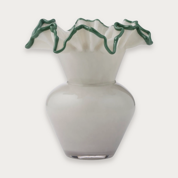 Elodie Glass Vase in grey with myrtle rim on a soft grey background