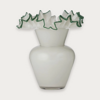 Tall Elodie Glass Vase in grey with myrtle rim on a soft grey background