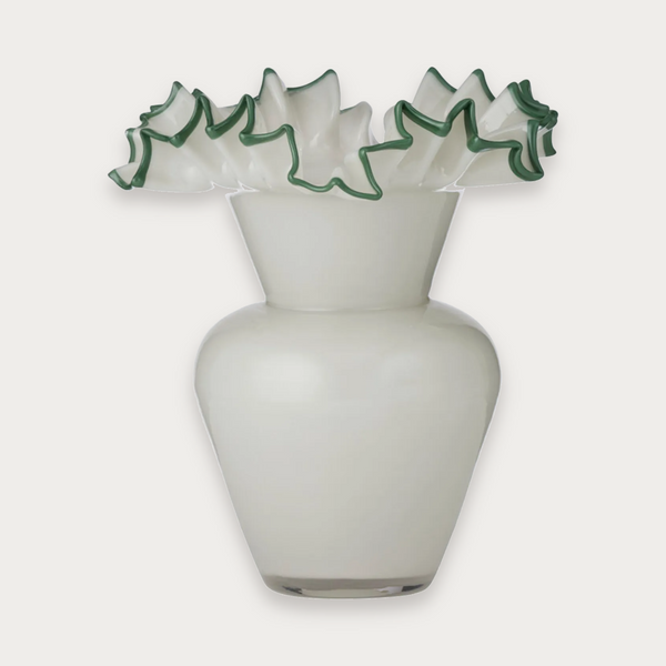 Tall Elodie Glass Vase in grey with myrtle rim on a soft grey background