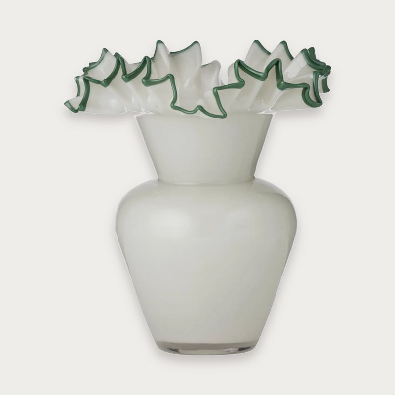 Tall Elodie Glass Vase in grey with myrtle rim on a soft grey background