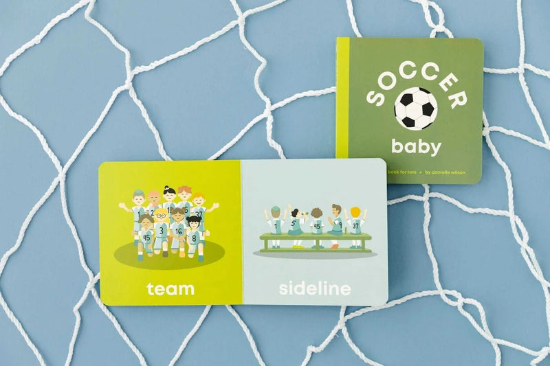 Soccer Baby board book for toddlers with colorful soccer-themed illustrations and durable triple-layered pages