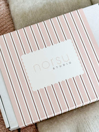 norsu Studio Scalloped Magnetic Photo Frame packaging with blush striped design