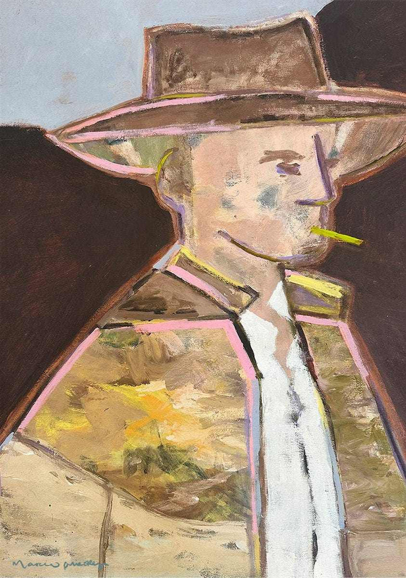 Marcia Priestley limited edition abstract portrait of a man wearing a hat, acrylic and mixed media on canvas.