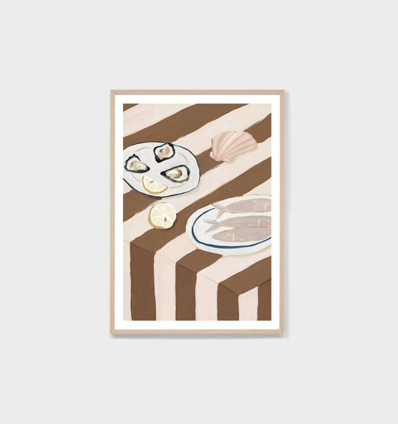 Middle of Nowhere First Course Print in nutmeg tones, framed oak with white border, painterly seafood still life artwork.