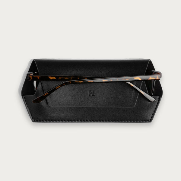 Fox and Leo slim leather glasses case in Black with magnetic closure and microfibre lining
