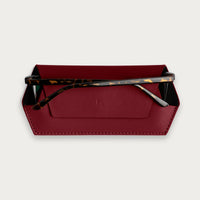Fox and Leo slim leather glasses case in Burgundy with magnetic closure and microfibre lining