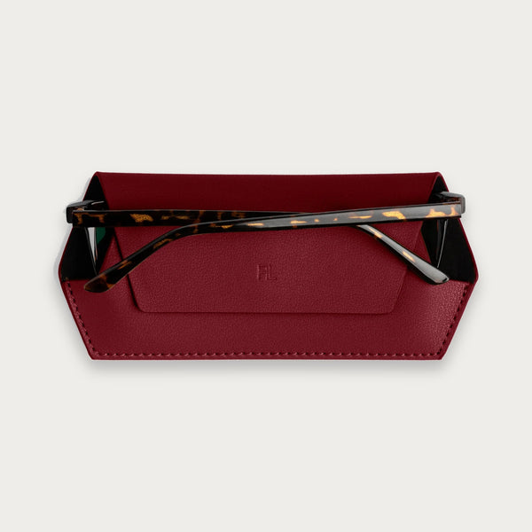 Fox and Leo slim leather glasses case in Burgundy with magnetic closure and microfibre lining
