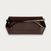 Fox and Leo slim leather glasses case in Chocolate with magnetic closure and microfibre lining
