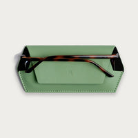 Fox and Leo slim leather glasses case in Sage with magnetic closure and microfibre lining