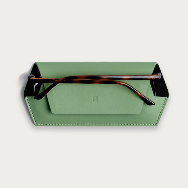 Fox and Leo slim leather glasses case in Sage with magnetic closure and microfibre lining