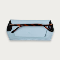 Fox and Leo slim leather glasses case in Sky with magnetic closure and microfibre lining