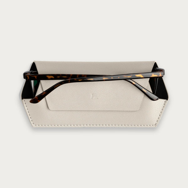 Fox and Leo slim leather glasses case in Stone with magnetic closure and microfibre lining