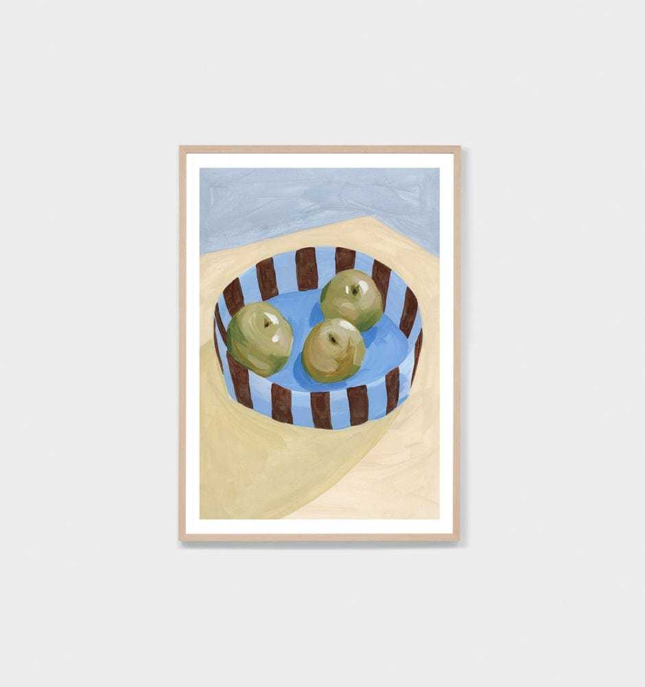 Middle of Nowhere framed fruit bowl print in blue with oak frame and white border