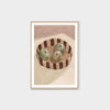 Middle of Nowhere Fruit Bowl print with three green apples in a striped bowl framed in oak with white border
