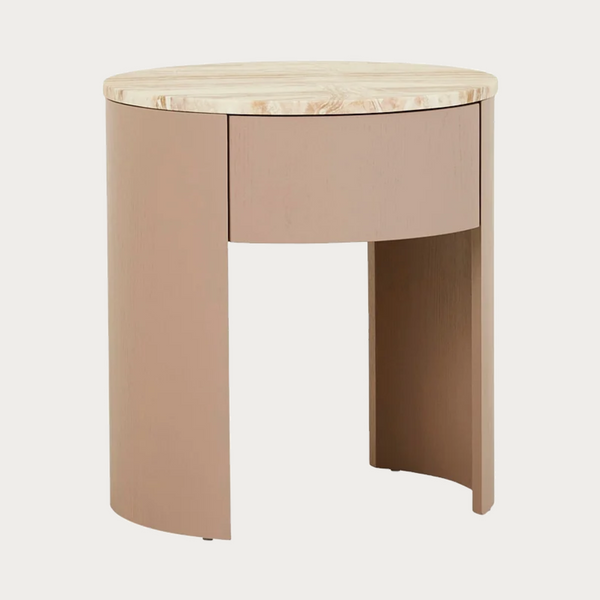 GlobeWest Oberon Crescent Marble Bedside in Satin Onyx Travertine and Dusk