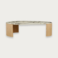 GlobeWest Oberon Curve marble coffee table, large, in Matt Ocean marble and natural ash