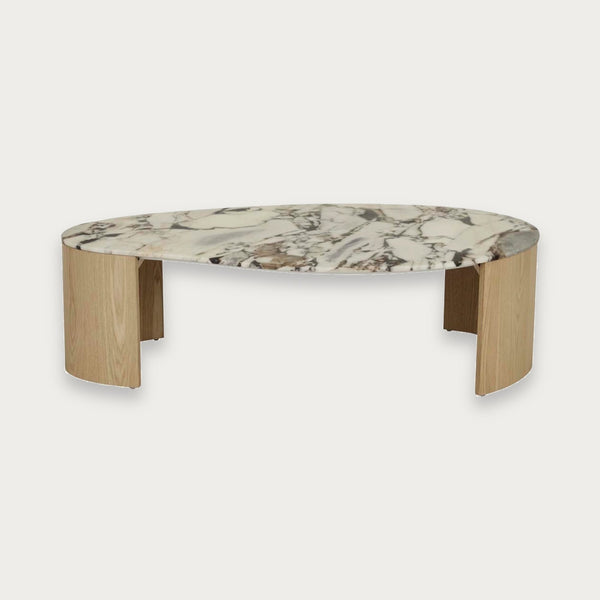 GlobeWest Oberon Curve marble coffee table, small, in Matt Ocean marble and natural ash