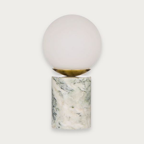 Glow Table Lamp in Green and White marble with opal glass globe
