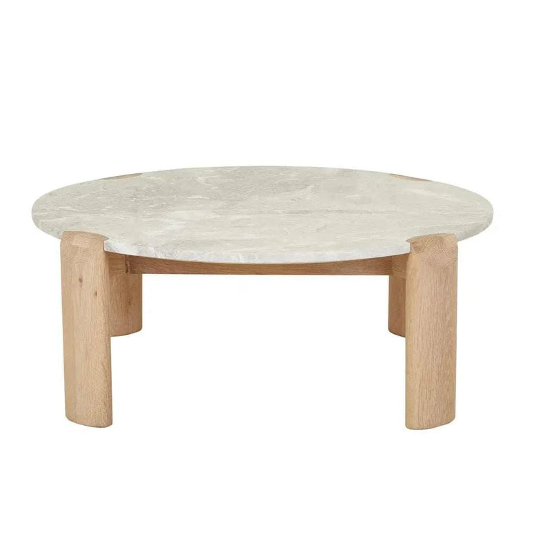 Globe West Willa Marble coffee table with grey marble top and light oak elliptical legs