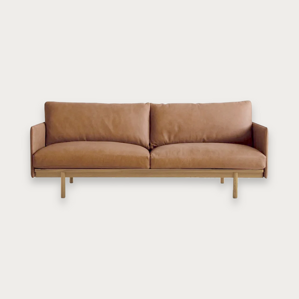 GlobeWest Tolv Pensive 2 Seater Sofa - Pecan Leather - Light Oak