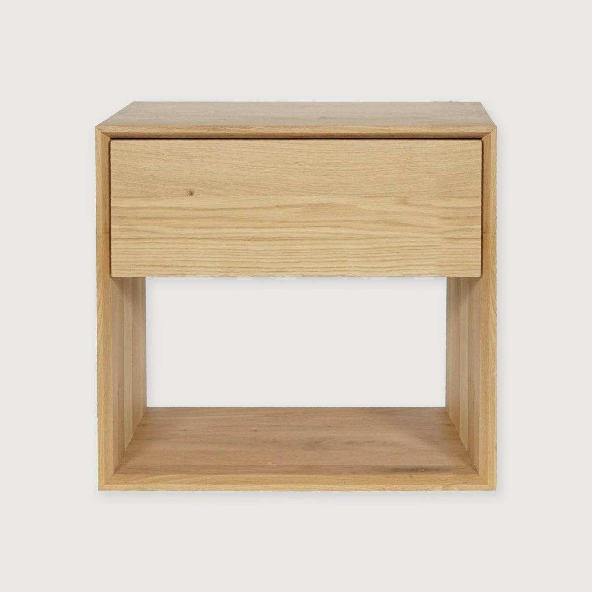 Ethnicraft Nordic Oak Bedside Table with one drawer, solid oak, minimalist design, natural wood finish.