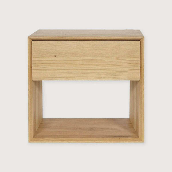 Ethnicraft Nordic Oak Bedside Table with one drawer, solid oak, minimalist design, natural wood finish.