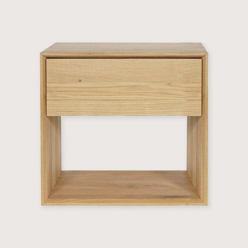 Ethnicraft Nordic Oak Bedside Table with one drawer, solid oak, minimalist design, natural wood finish.