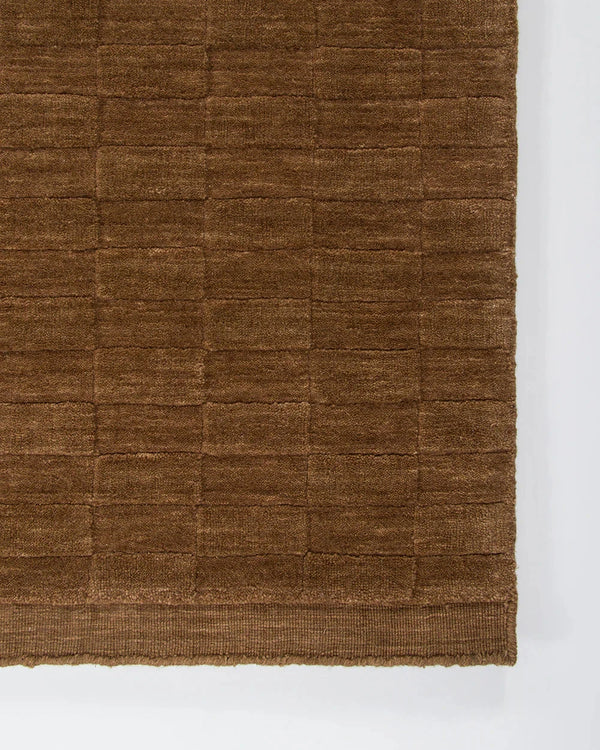 Baya Hugo Floor Rug in toffee color with hand-carved checkerboard design, 100% New Zealand wool, dense and soft texture