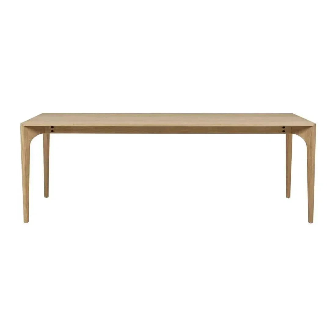 Globe West Huxley Curve Dining Table in natural oak with solid oak legs and oak veneer top, available in multiple sizes.