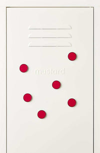 Set of six red Mustard Made The Buttons magnets on white surface