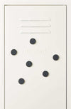 Set of six dark slate-colored Mustard Made magnetic buttons on a white surface