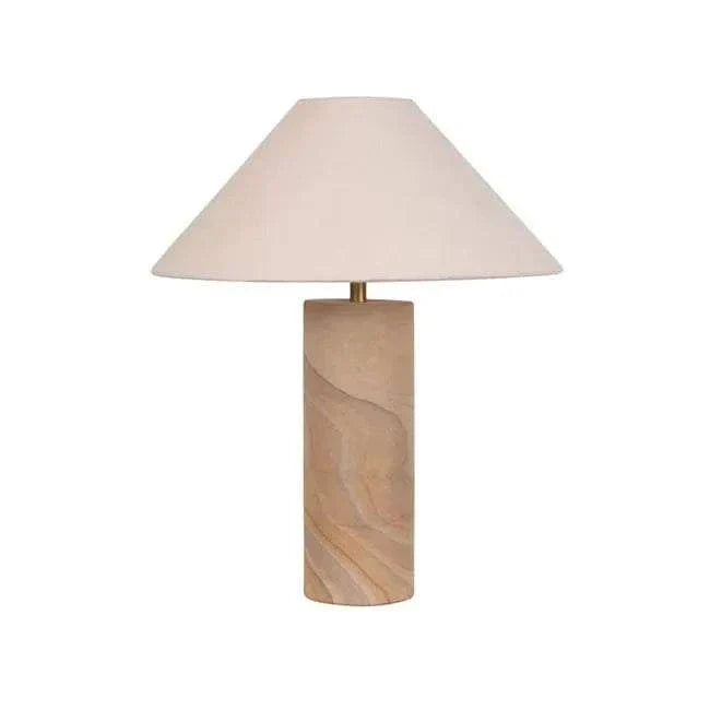 GlobeWest Easton Aurora Table Lamp with rainbow sandstone cylindrical base and white fabric shade