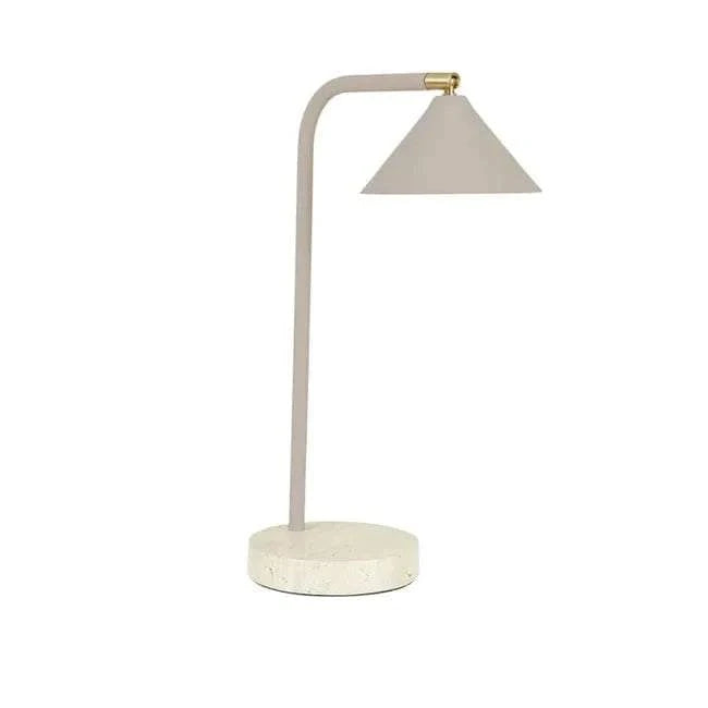 GlobeWest Easton Horizon Desk Lamp with travertine marble base and taupe metal shade, minimalist design