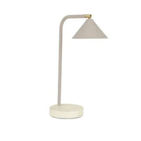 GlobeWest Easton Horizon Desk Lamp with travertine marble base and taupe metal shade, minimalist design