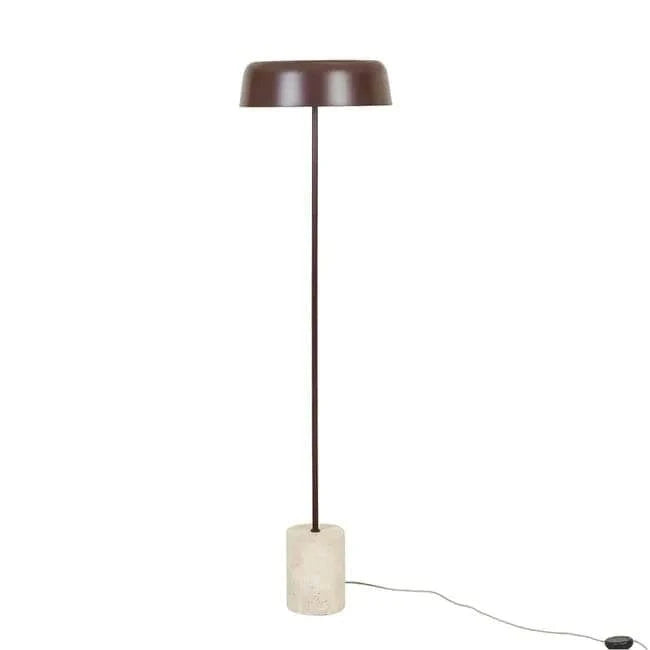 Easton Marquee Floor Lamp with travertine base and burgundy matt iron shade