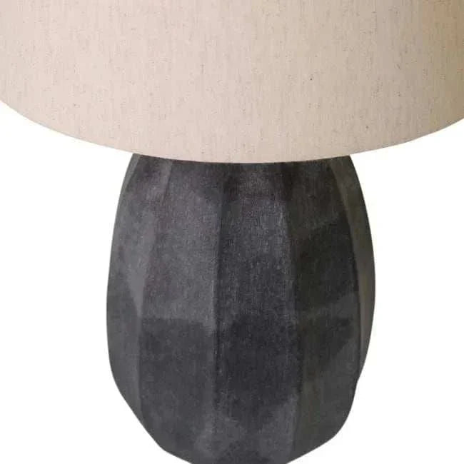 GlobeWest Emery Drum Table Lamp Small with hand-etched slate base and natural linen drum shade in slate and natural colors